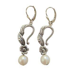 Sterling Silver Leaf Scroll Flower White Bead Dangle Lever Back Earrings, L90